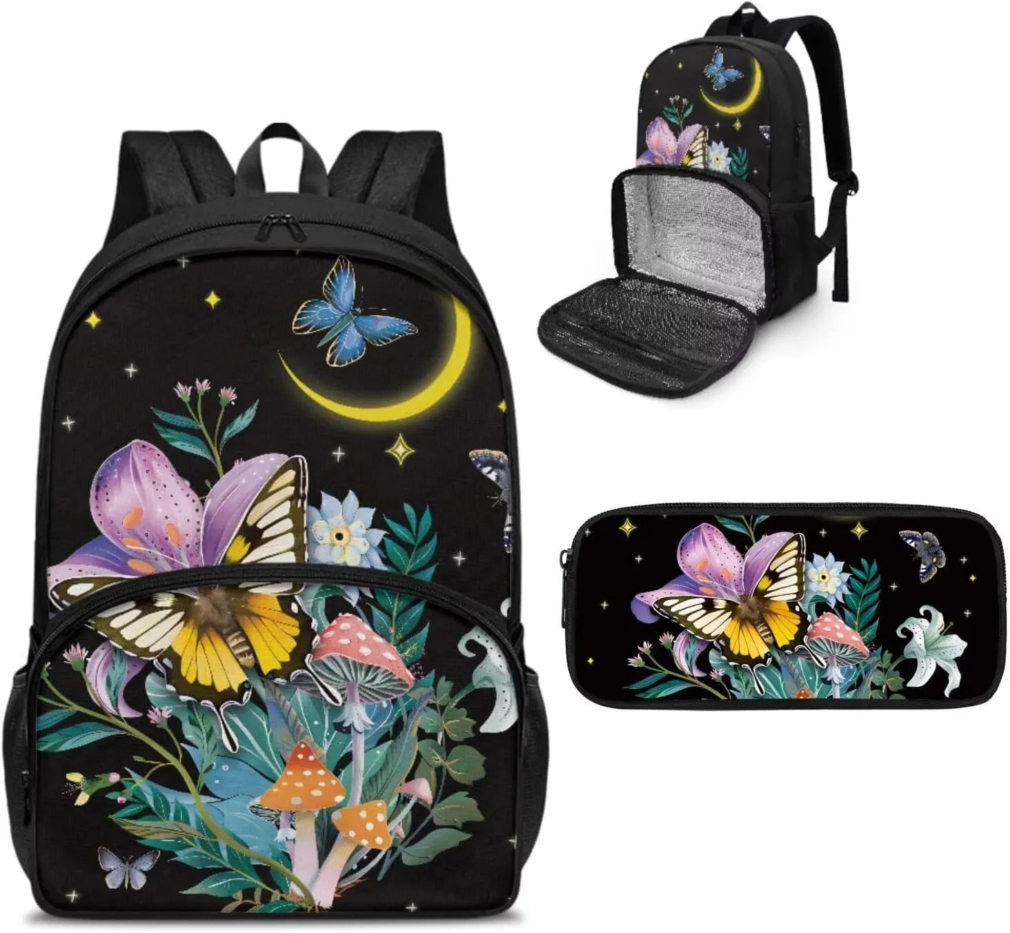Butterfly Lunch Backpack Insulated Cooler School Backpacks and Pencil Pouch, Mushroom Backpack for Girls Kids Book Bags Teacher Nurse Work Backpack College School Bookbag