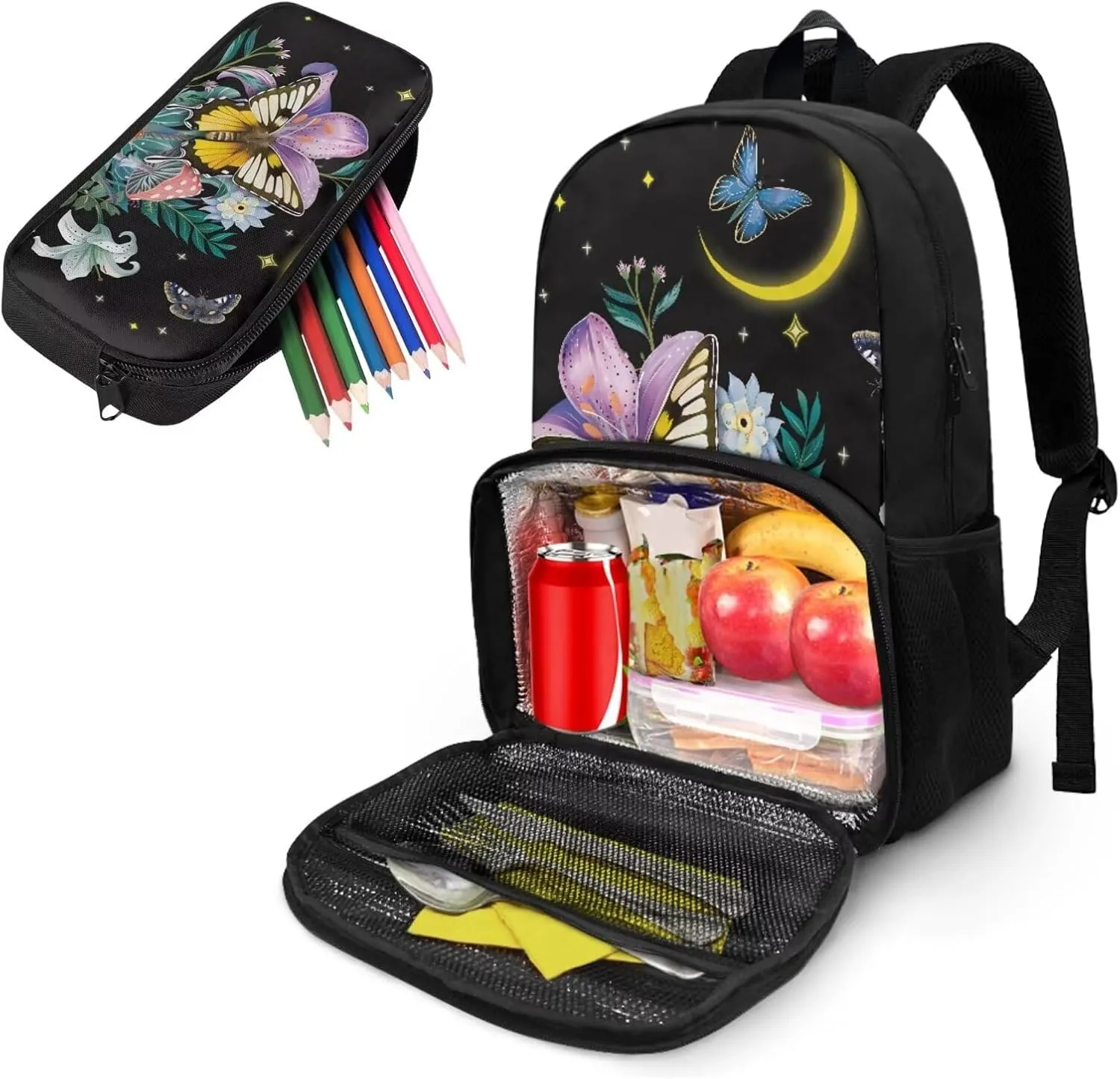 Butterfly Lunch Backpack Insulated Cooler School Backpacks and Pencil Pouch, Mushroom Backpack for Girls Kids Book Bags Teacher Nurse Work Backpack College School Bookbag