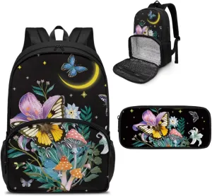 Butterfly Lunch Backpack Insulated Cooler School Backpacks and Pencil Pouch, Mushroom Backpack for Girls Kids Book Bags Teacher Nurse Work Backpack College School Bookbag