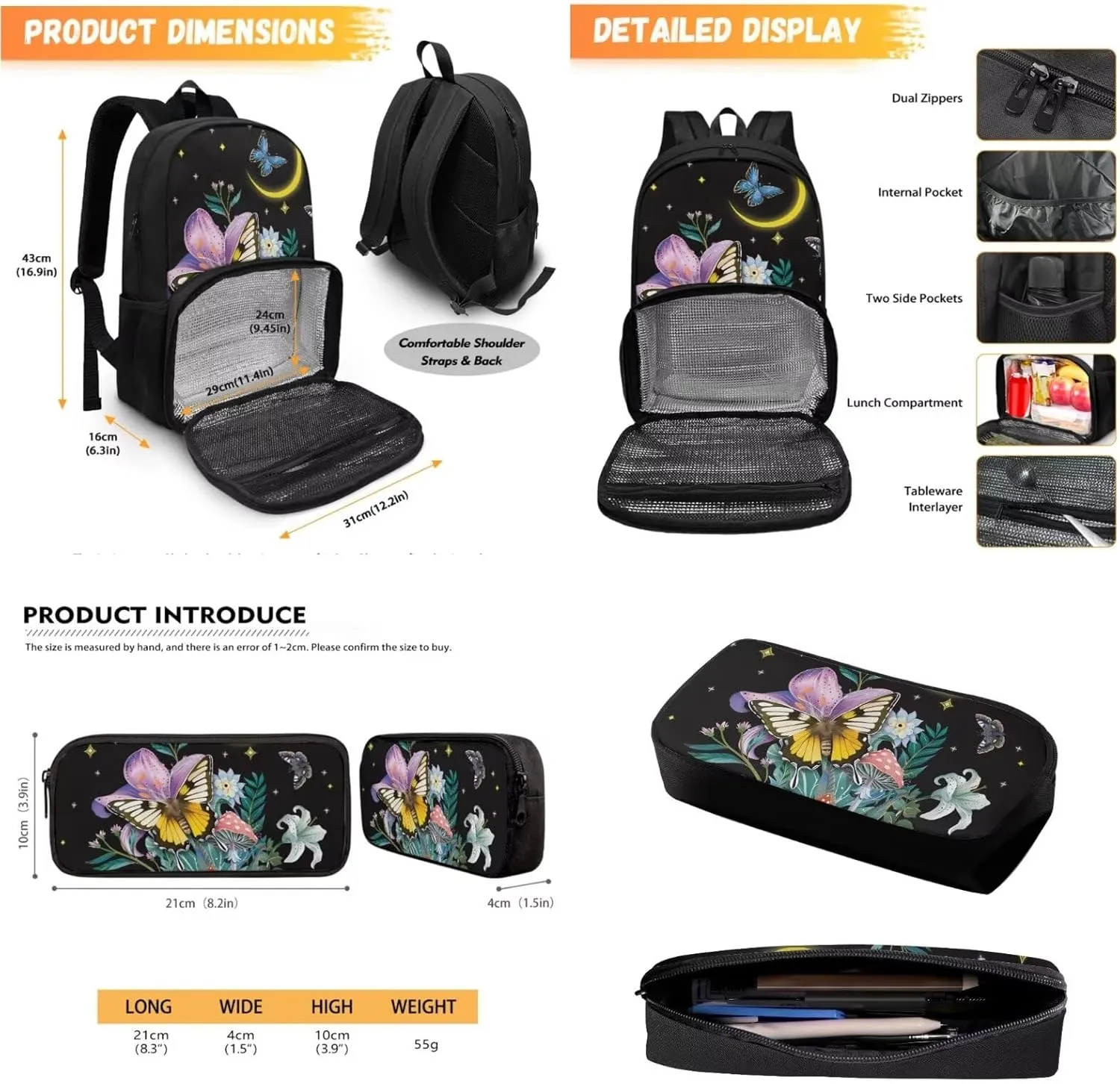 Butterfly Lunch Backpack Insulated Cooler School Backpacks and Pencil Pouch, Mushroom Backpack for Girls Kids Book Bags Teacher Nurse Work Backpack College School Bookbag