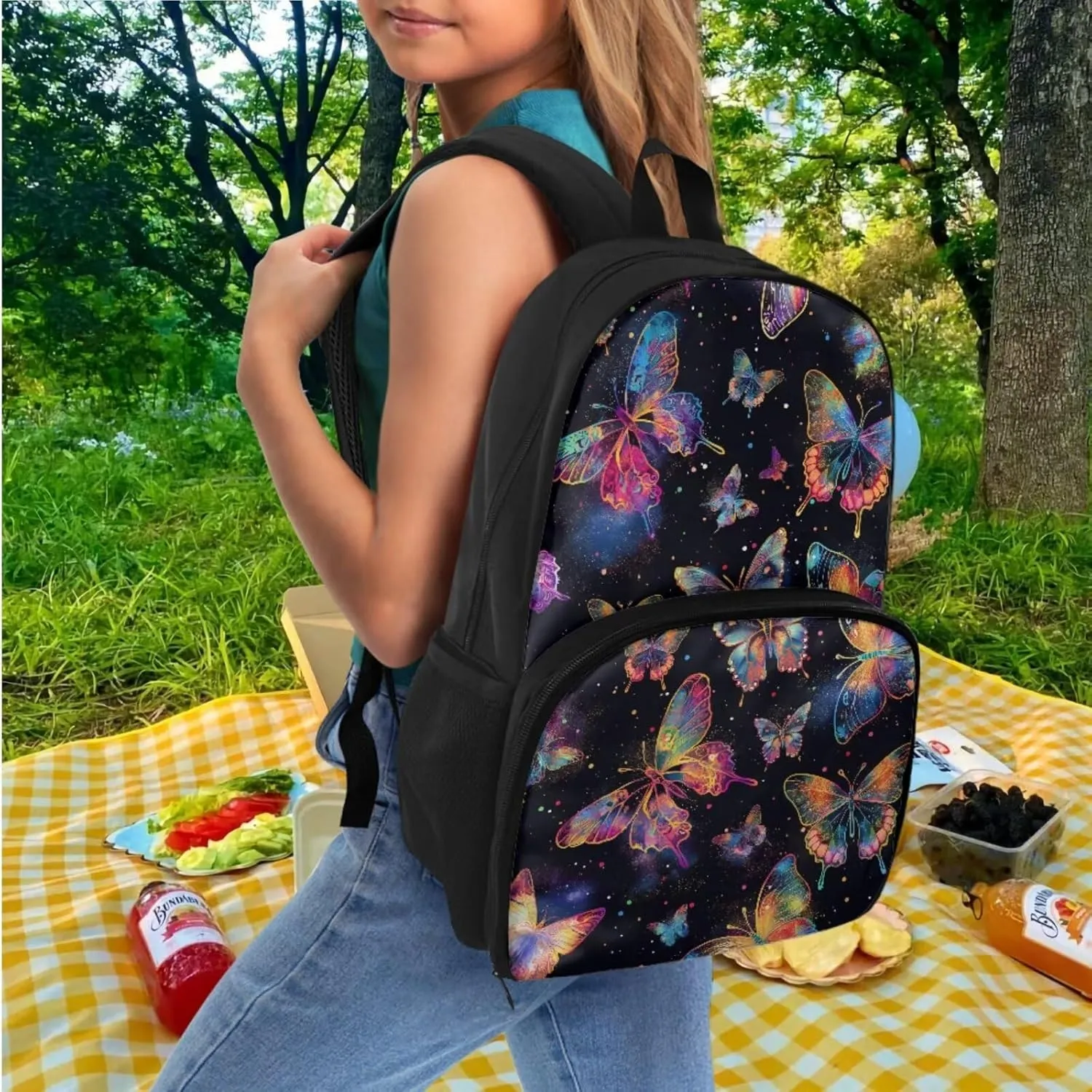 Butterfly School Bag with Lunch Kit Set Pen Case Lunch Backpack Insulated Lunch Box for Girls Women Lunchbox Large Cooler Bag for Work Office Hiking Beach Picnic