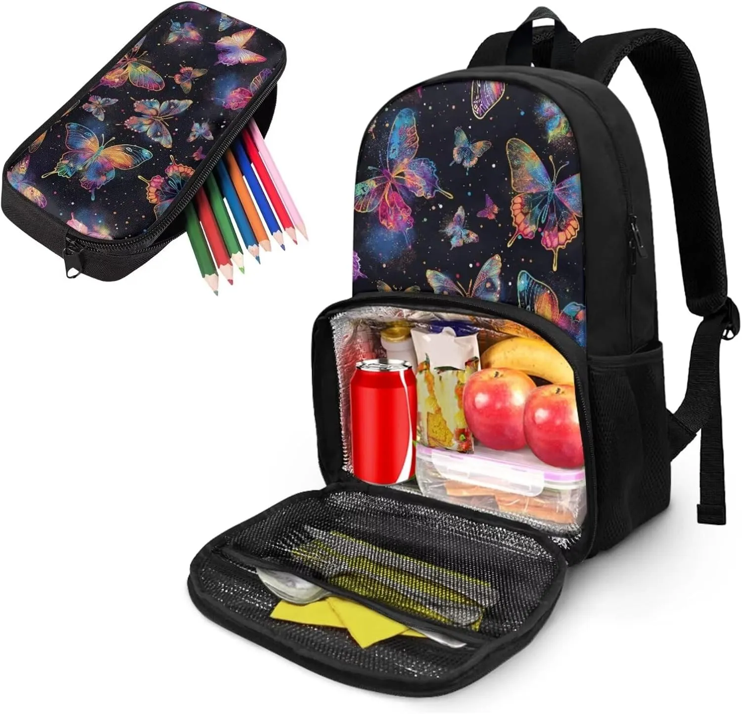 Butterfly School Bag with Lunch Kit Set Pen Case Lunch Backpack Insulated Lunch Box for Girls Women Lunchbox Large Cooler Bag for Work Office Hiking Beach Picnic