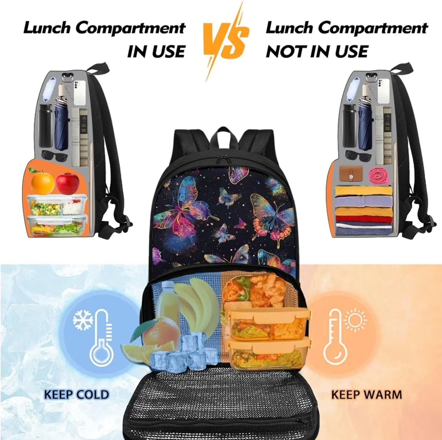 Butterfly School Bag with Lunch Kit Set Pen Case Lunch Backpack Insulated Lunch Box for Girls Women Lunchbox Large Cooler Bag for Work Office Hiking Beach Picnic