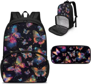 Butterfly School Bag with Lunch Kit Set Pen Case Lunch Backpack Insulated Lunch Box for Girls Women Lunchbox Large Cooler Bag for Work Office Hiking Beach Picnic