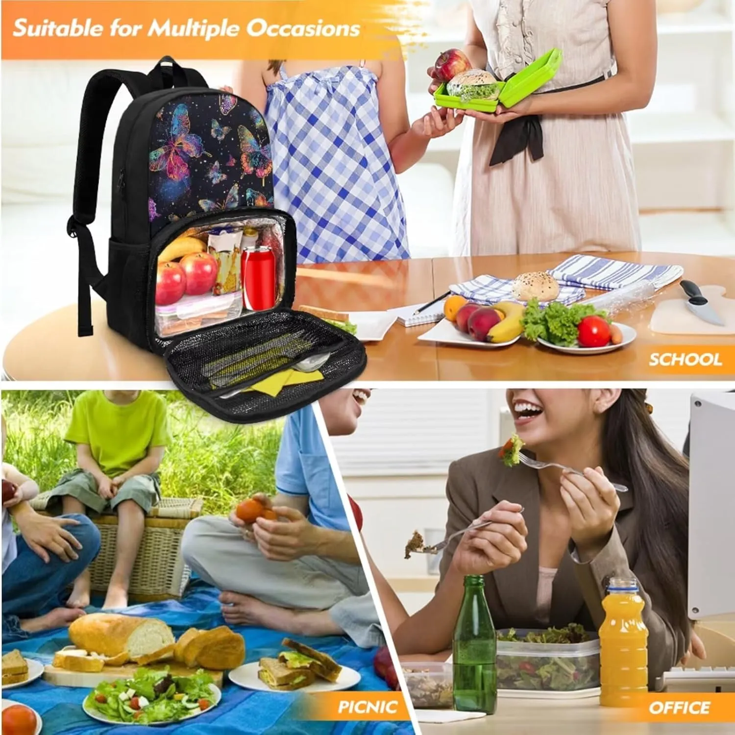 Butterfly School Bag with Lunch Kit Set Pen Case Lunch Backpack Insulated Lunch Box for Girls Women Lunchbox Large Cooler Bag for Work Office Hiking Beach Picnic