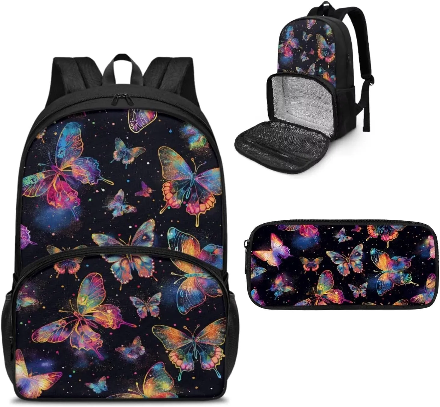 Butterfly School Bag with Lunch Kit Set Pen Case Lunch Backpack Insulated Lunch Box for Girls Women Lunchbox Large Cooler Bag for Work Office Hiking Beach Picnic
