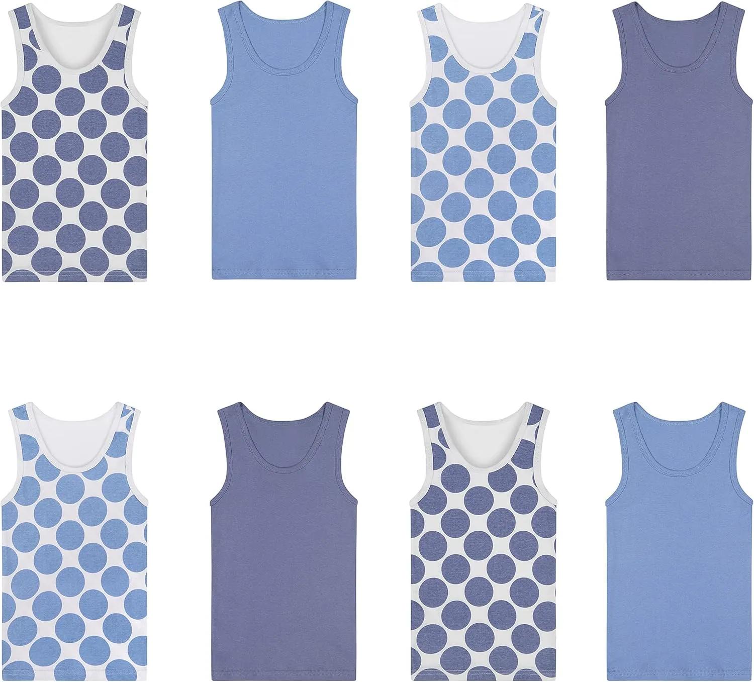 Buyless Fashion Boys Scoop Neck Tagless Undershirts Soft Cotton Blue Polka Dot Tank Top (8 Pack)