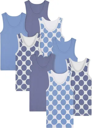 Buyless Fashion Boys Scoop Neck Tagless Undershirts Soft Cotton Blue Polka Dot Tank Top (8 Pack)