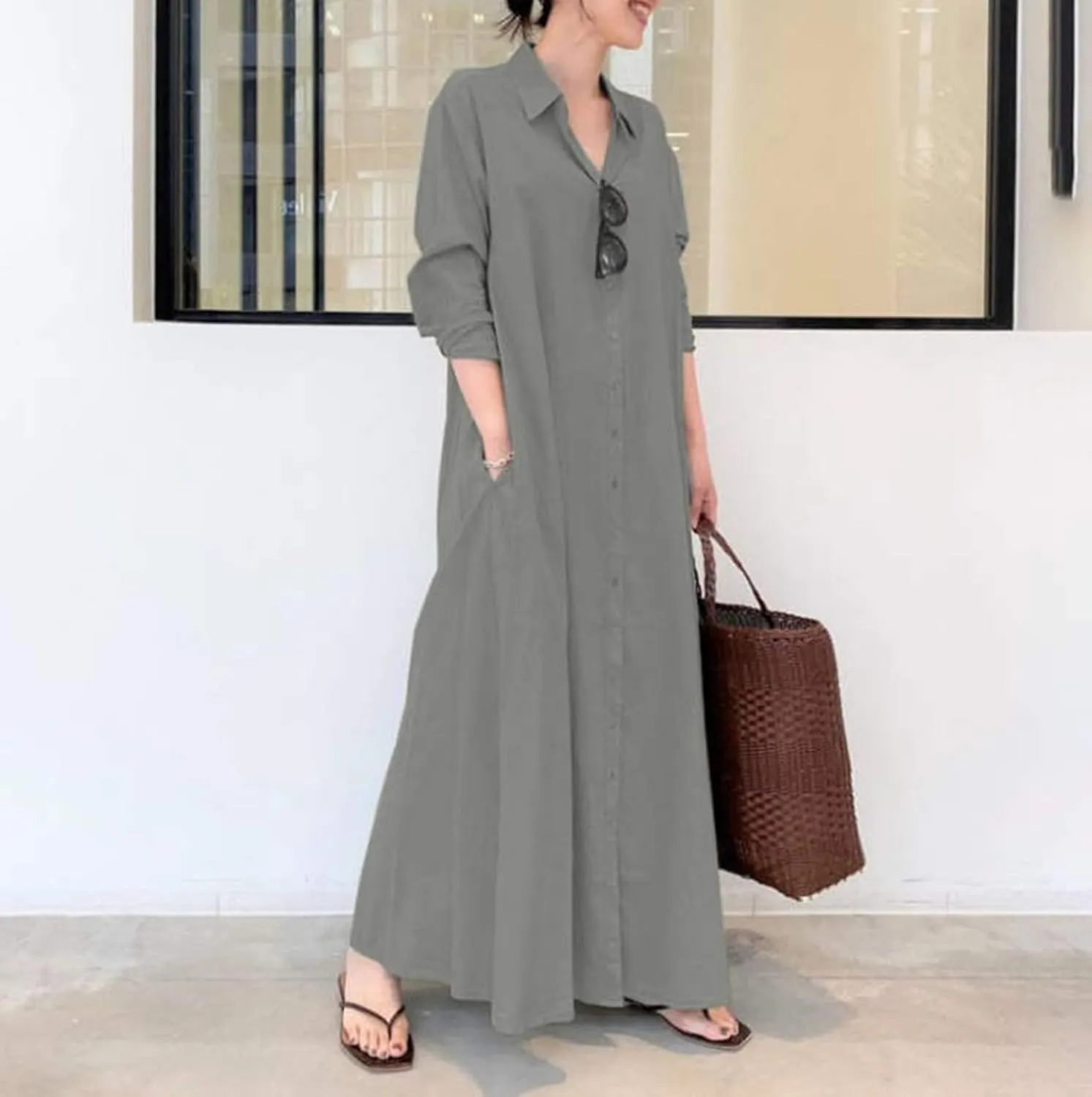 Caftans Dresses for Women Gauze Maxi Botton Dowm Long Sleeve Shirt Dress Lapel Fall Causal Loose Dress with Pockets