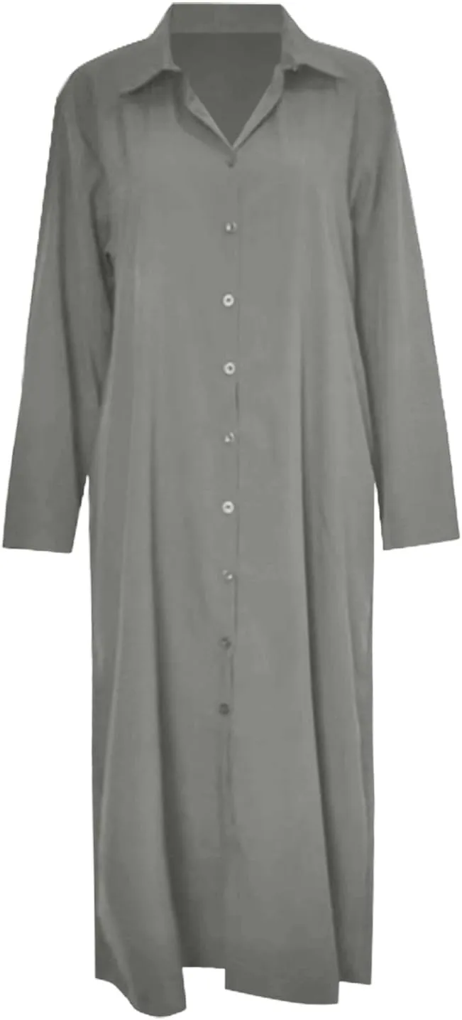 Caftans Dresses for Women Gauze Maxi Botton Dowm Long Sleeve Shirt Dress Lapel Fall Causal Loose Dress with Pockets