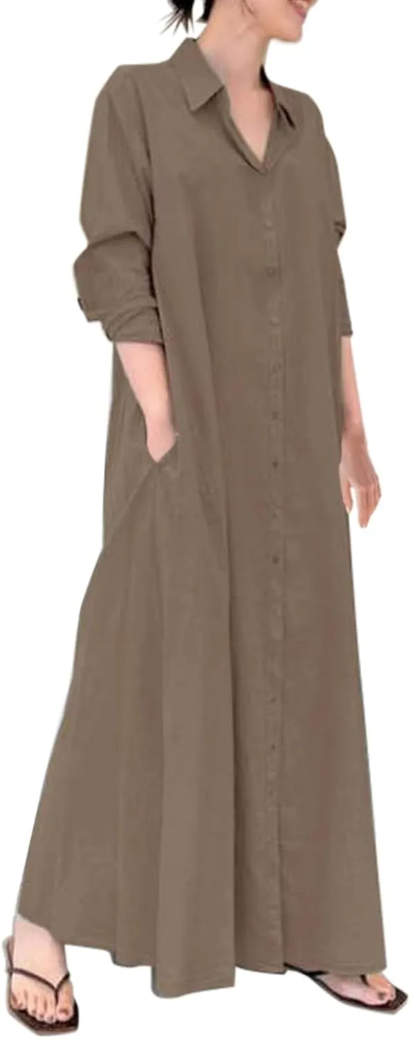 Caftans Dresses for Women Gauze Maxi Botton Dowm Long Sleeve Shirt Dress Lapel Fall Causal Loose Dress with Pockets