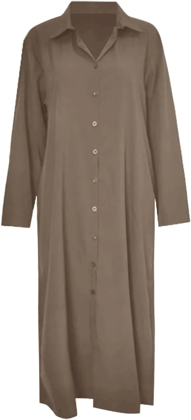Caftans Dresses for Women Gauze Maxi Botton Dowm Long Sleeve Shirt Dress Lapel Fall Causal Loose Dress with Pockets