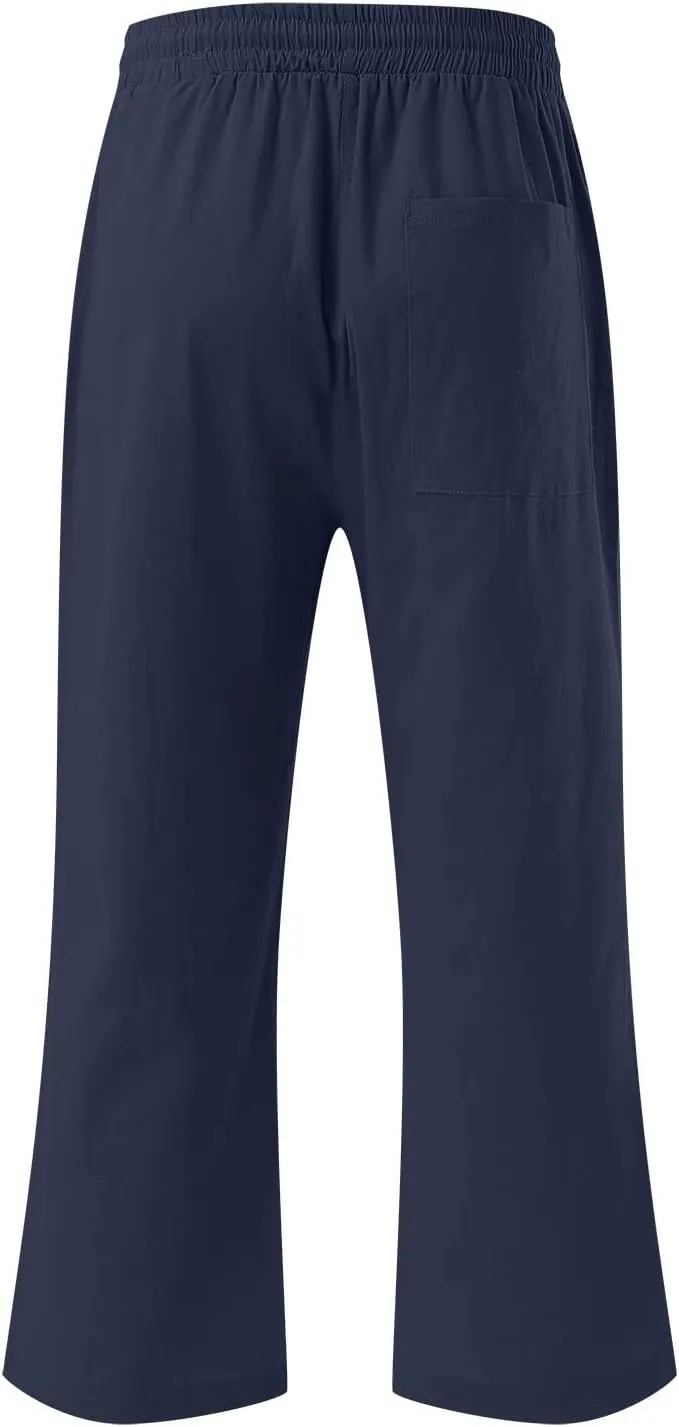 Capri Pants for Women Casual Summer Linen Pants Wide Leg Drawstring High Waist Baggy Cropped Trousers with Pockets