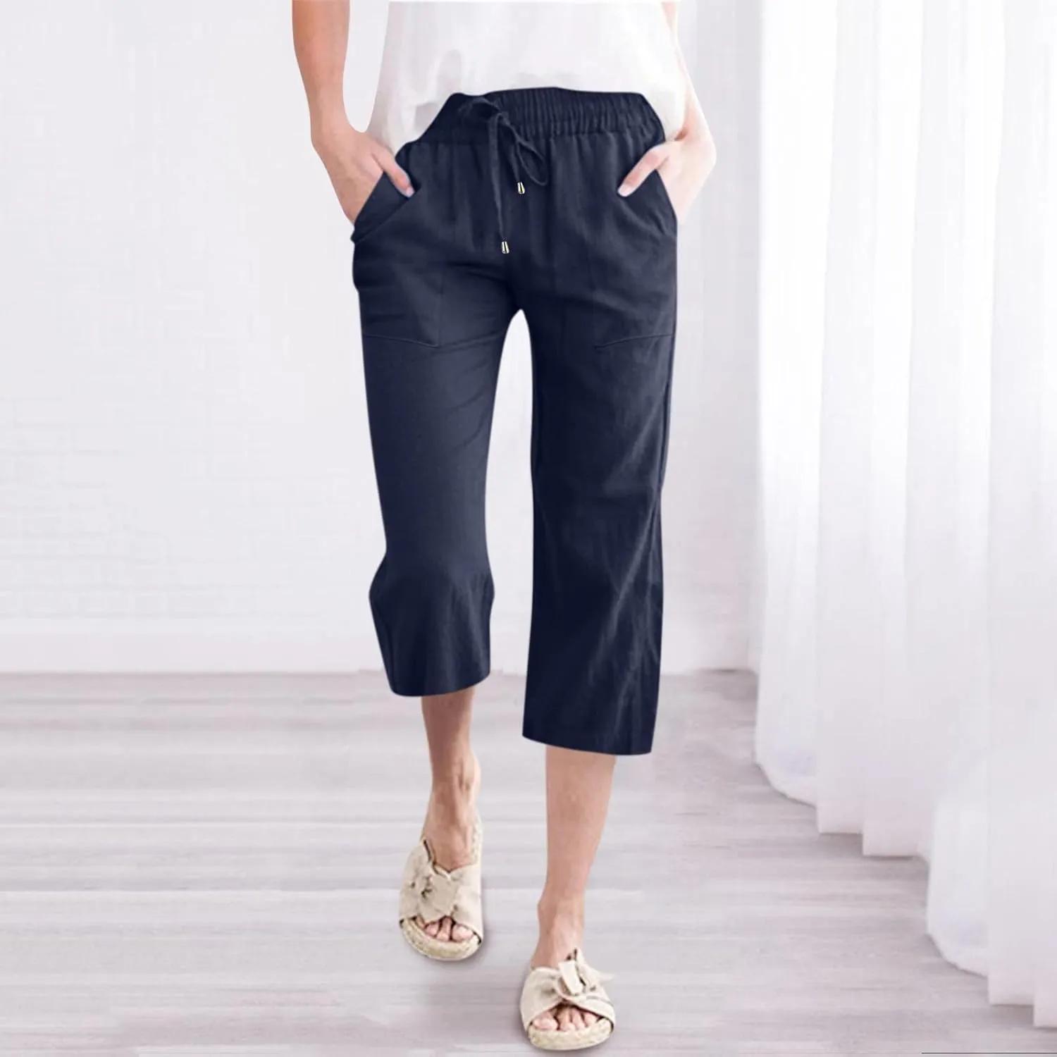 Capri Pants for Women Casual Summer Linen Pants Wide Leg Drawstring High Waist Baggy Cropped Trousers with Pockets