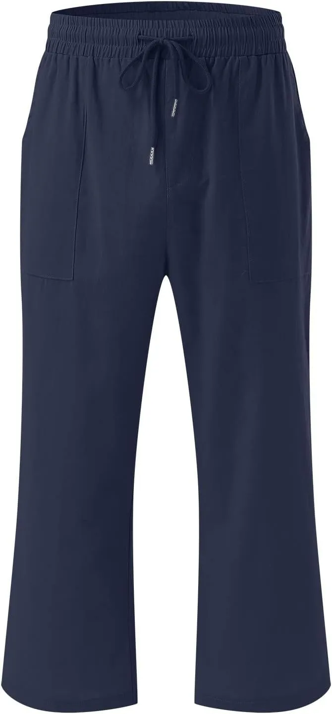 Capri Pants for Women Casual Summer Linen Pants Wide Leg Drawstring High Waist Baggy Cropped Trousers with Pockets