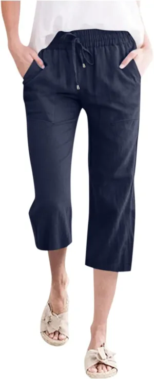 Capri Pants for Women Casual Summer Linen Pants Wide Leg Drawstring High Waist Baggy Cropped Trousers with Pockets