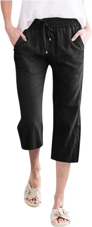 Capri Pants for Women Summer Linen Pants Wide Leg Drawstring Waist Cropped Slacks Casual Loose Trousers with Pockets