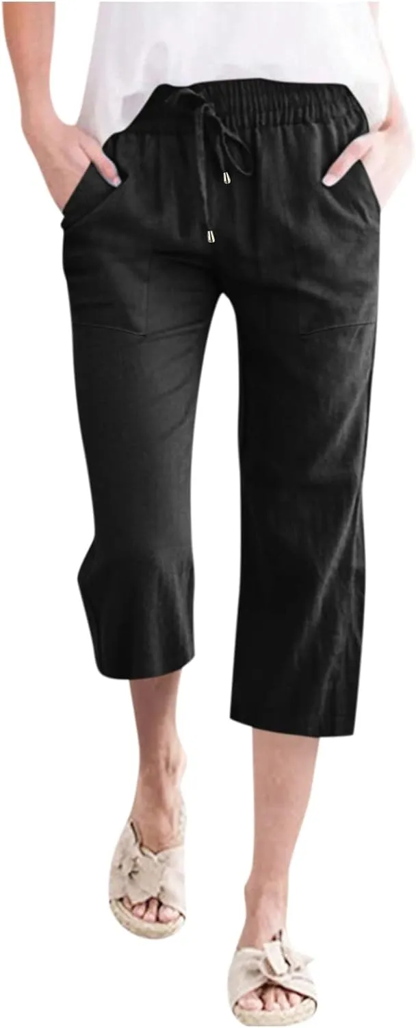 Capri Pants for Women Summer Linen Pants Wide Leg Drawstring Waist Cropped Slacks Casual Loose Trousers with Pockets