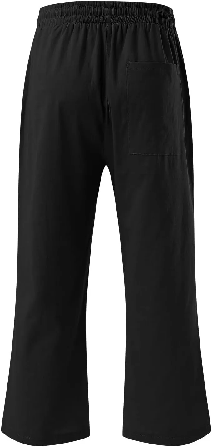 Capri Pants for Women Summer Linen Pants Wide Leg Drawstring Waist Cropped Slacks Casual Loose Trousers with Pockets