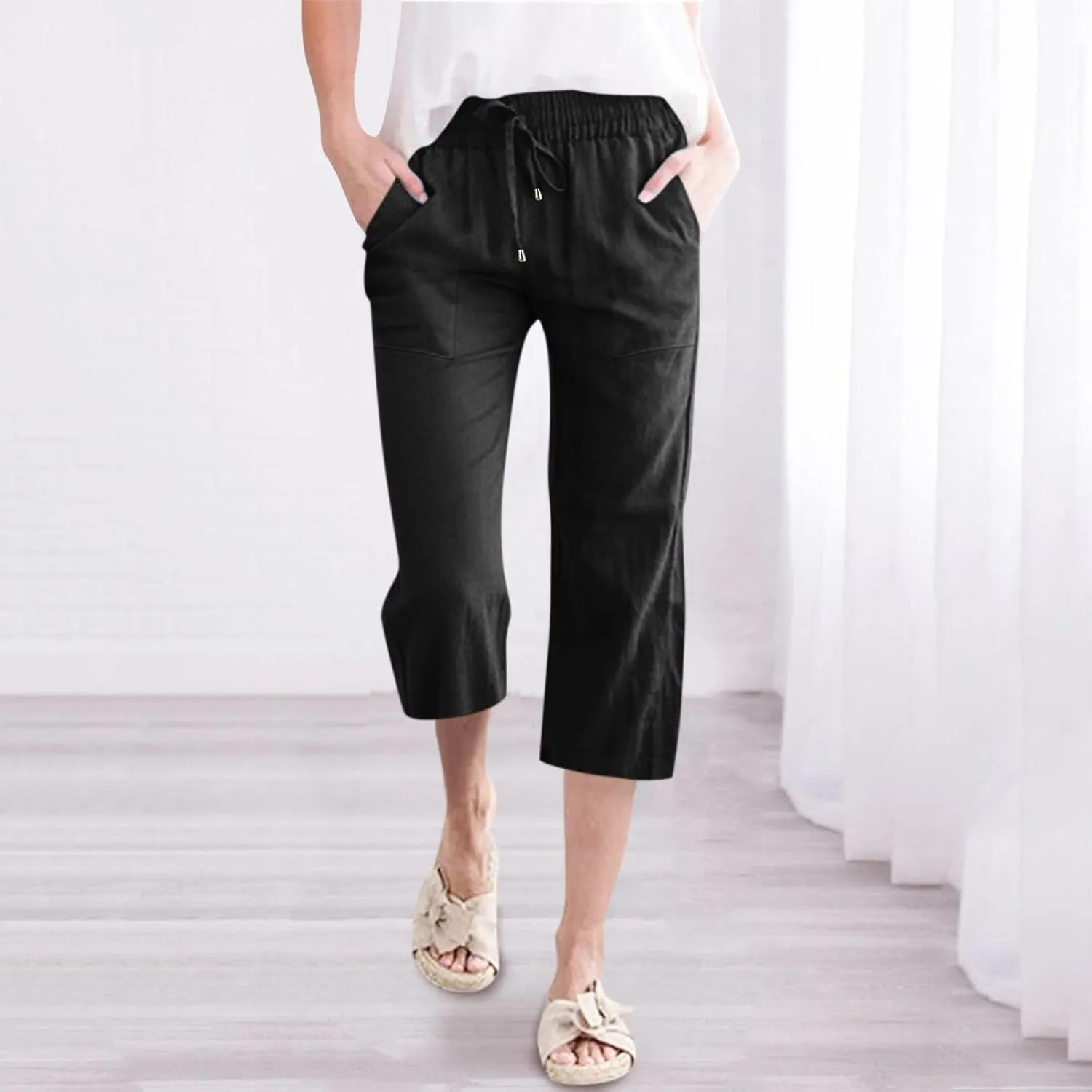 Capri Pants for Women Summer Linen Pants Wide Leg Drawstring Waist Cropped Slacks Casual Loose Trousers with Pockets