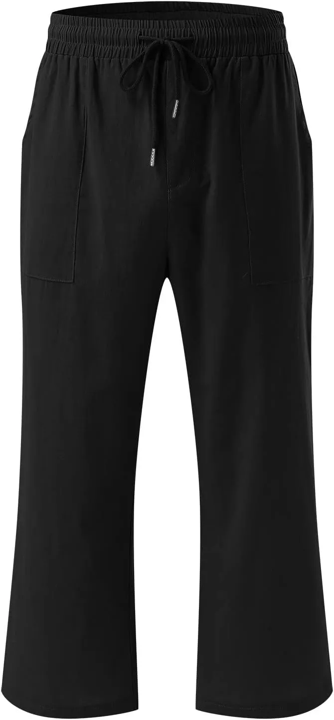 Capri Pants for Women Summer Linen Pants Wide Leg Drawstring Waist Cropped Slacks Casual Loose Trousers with Pockets