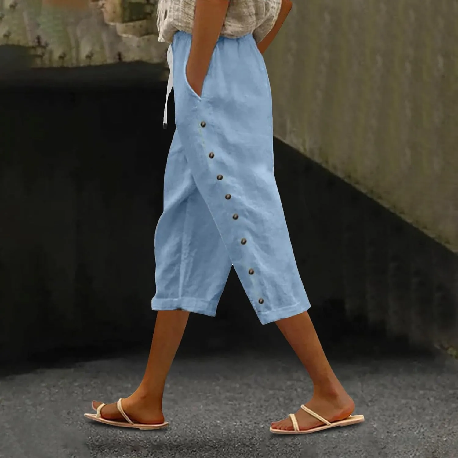 Capris Pants for Women Cotton Linen Casual Summer 2025 Straight Wide Leg Loose Drawstring Elastic Waist Cropped Trouser