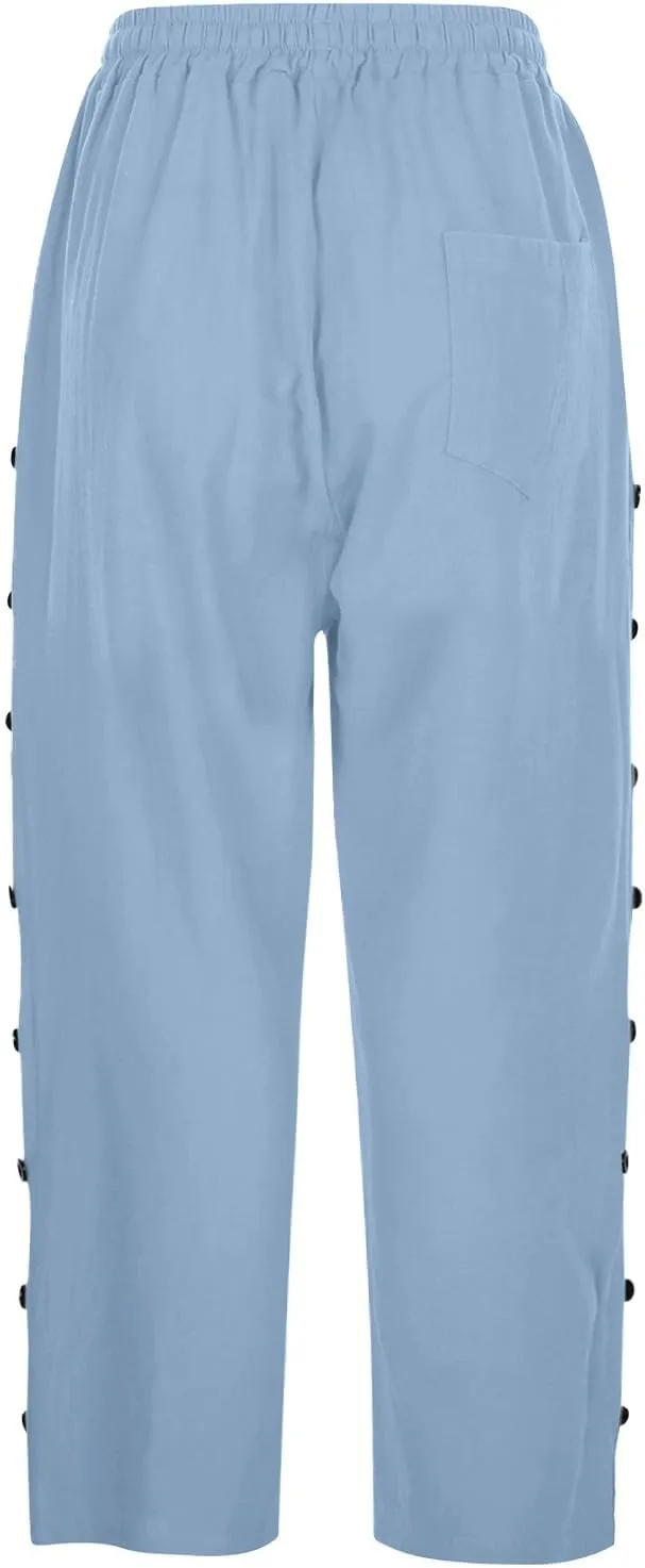 Capris Pants for Women Cotton Linen Casual Summer 2025 Straight Wide Leg Loose Drawstring Elastic Waist Cropped Trouser