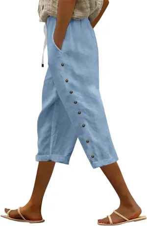 Capris Pants for Women Cotton Linen Casual Summer 2025 Straight Wide Leg Loose Drawstring Elastic Waist Cropped Trouser