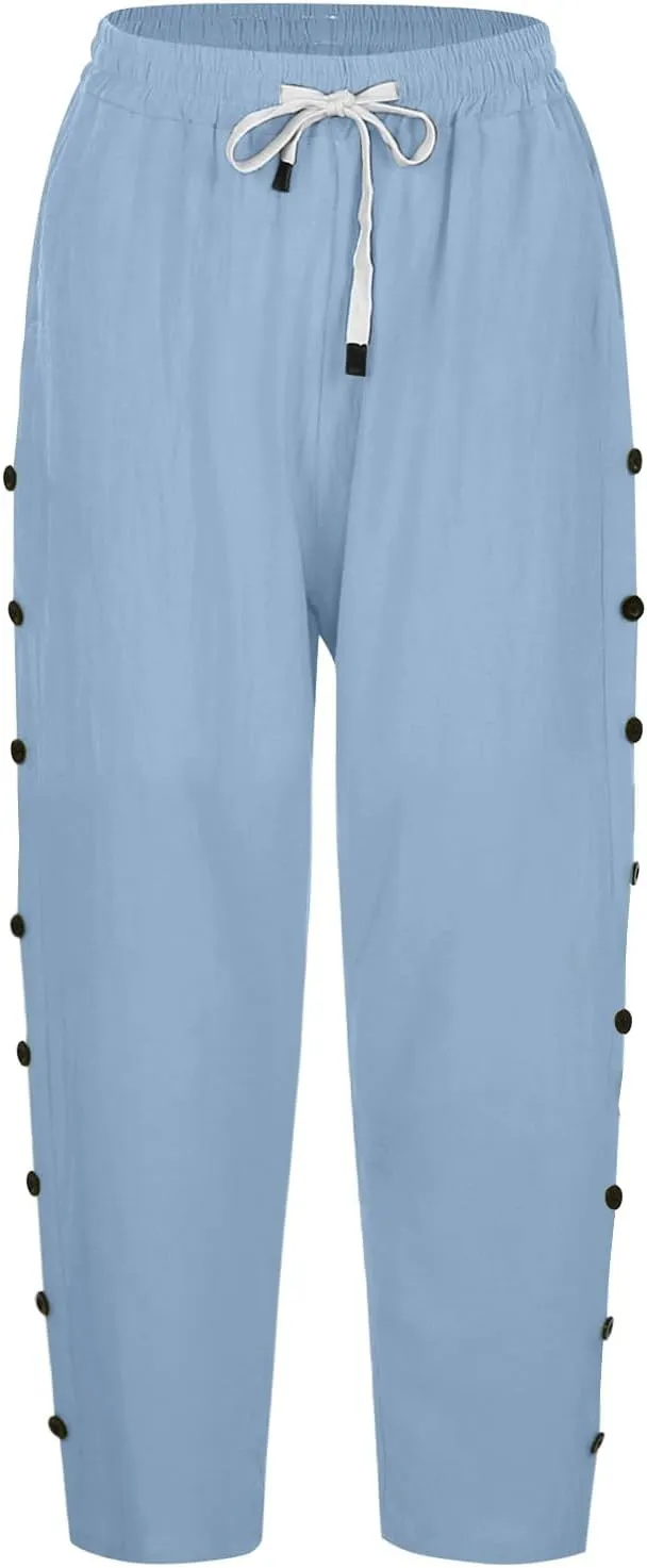Capris Pants for Women Cotton Linen Casual Summer 2025 Straight Wide Leg Loose Drawstring Elastic Waist Cropped Trouser