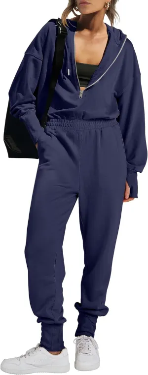 Caracilia Jumpsuits for Women Fall Casual Sweatsuits Long Sleeve Zip Sweatshirts Jogger Sweatpants One Piece Romper Outfits