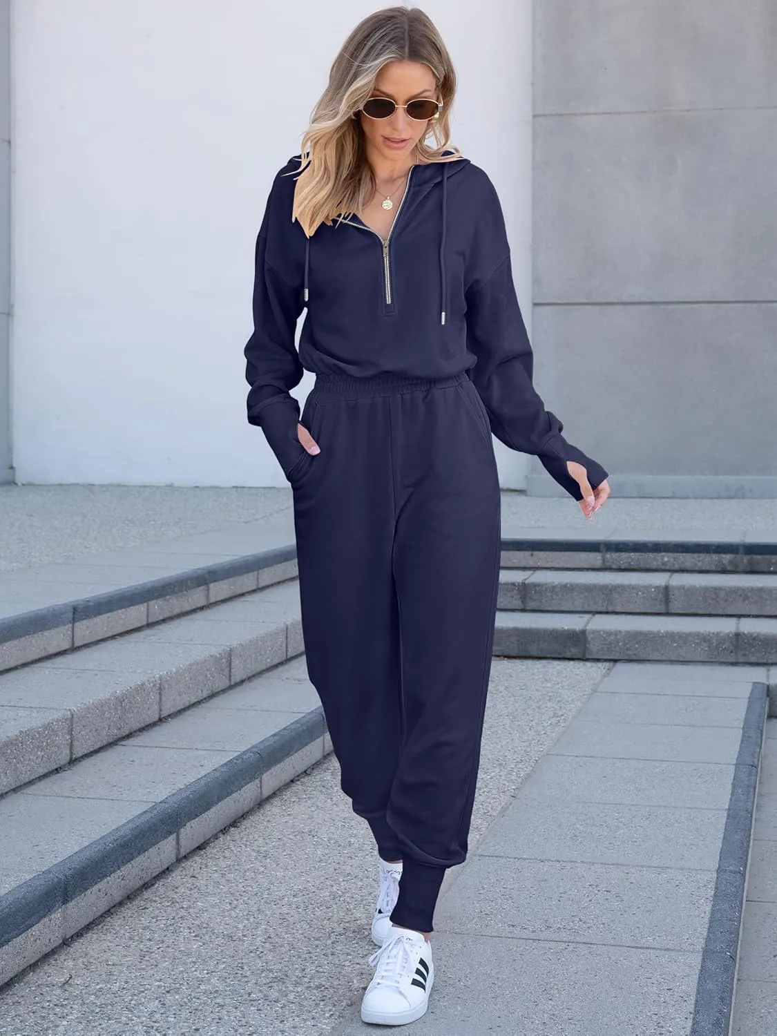 Caracilia Jumpsuits for Women Fall Casual Sweatsuits Long Sleeve Zip Sweatshirts Jogger Sweatpants One Piece Romper Outfits