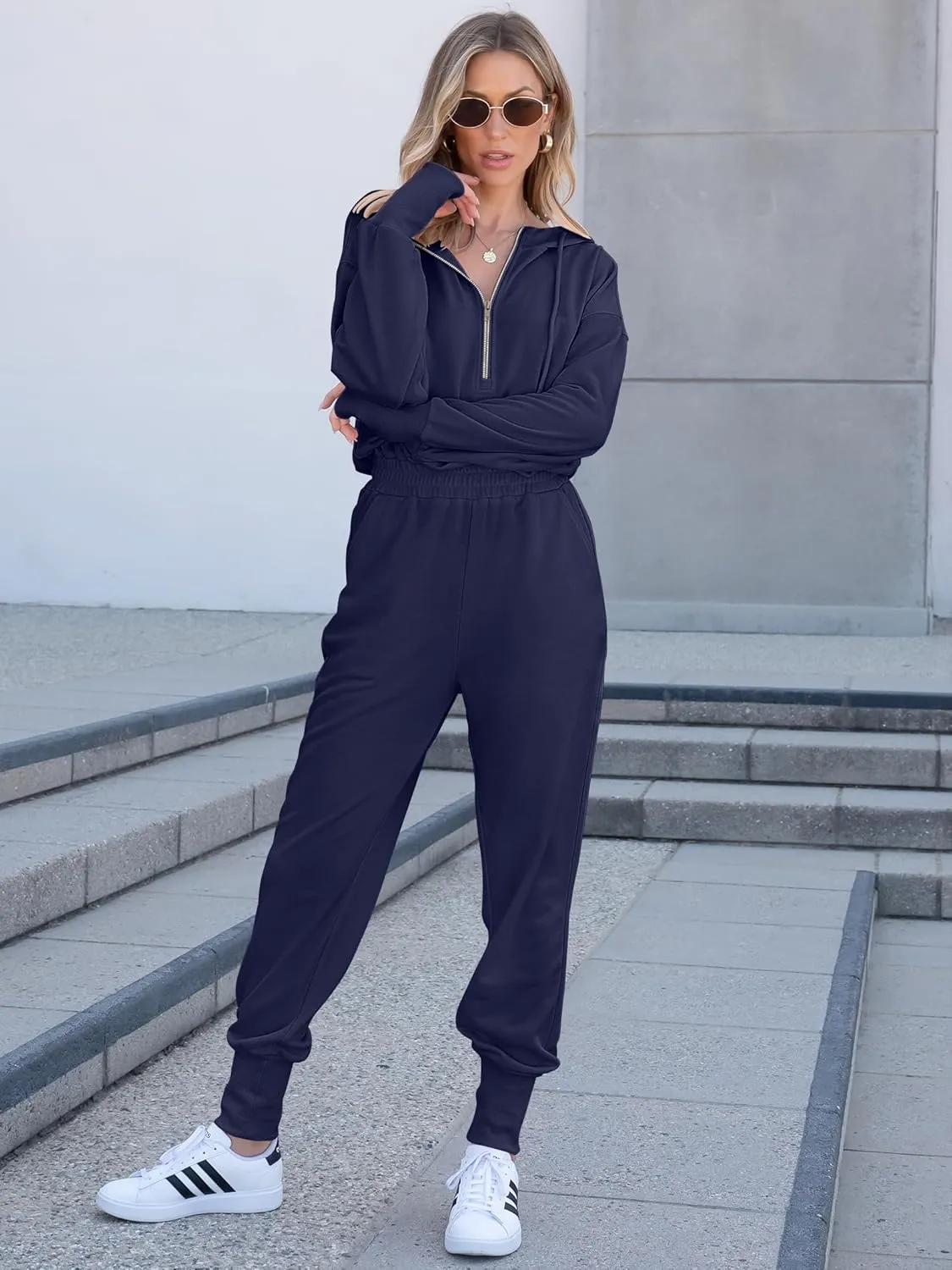 Caracilia Jumpsuits for Women Fall Casual Sweatsuits Long Sleeve Zip Sweatshirts Jogger Sweatpants One Piece Romper Outfits