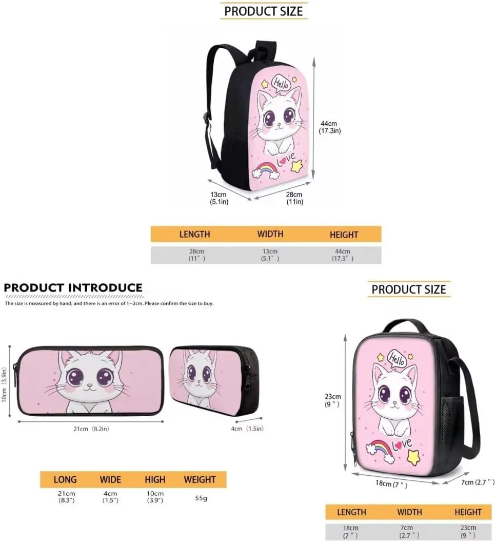 Cartoon Cat Print School Bookbag For Kids Girls Kawaii Cute Children Backpack Pen Bag Lunchbox 3 Piece Sets