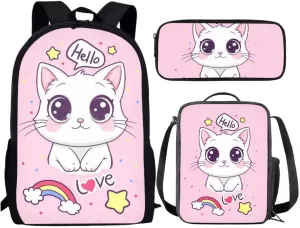Cartoon Cat Print School Bookbag For Kids Girls Kawaii Cute Children Backpack Pen Bag Lunchbox 3 Piece Sets