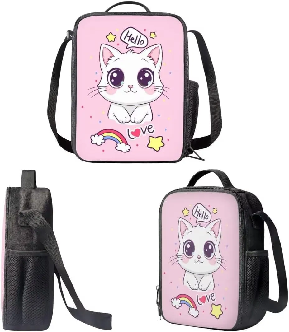 Cartoon Cat Print School Bookbag For Kids Girls Kawaii Cute Children Backpack Pen Bag Lunchbox 3 Piece Sets