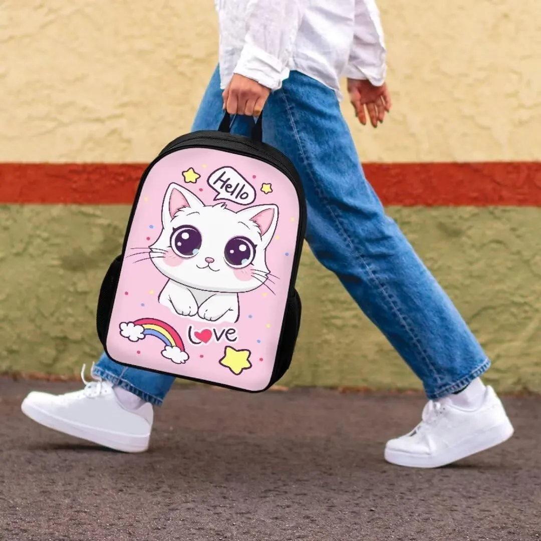 Cartoon Cat Print School Bookbag For Kids Girls Kawaii Cute Children Backpack Pen Bag Lunchbox 3 Piece Sets