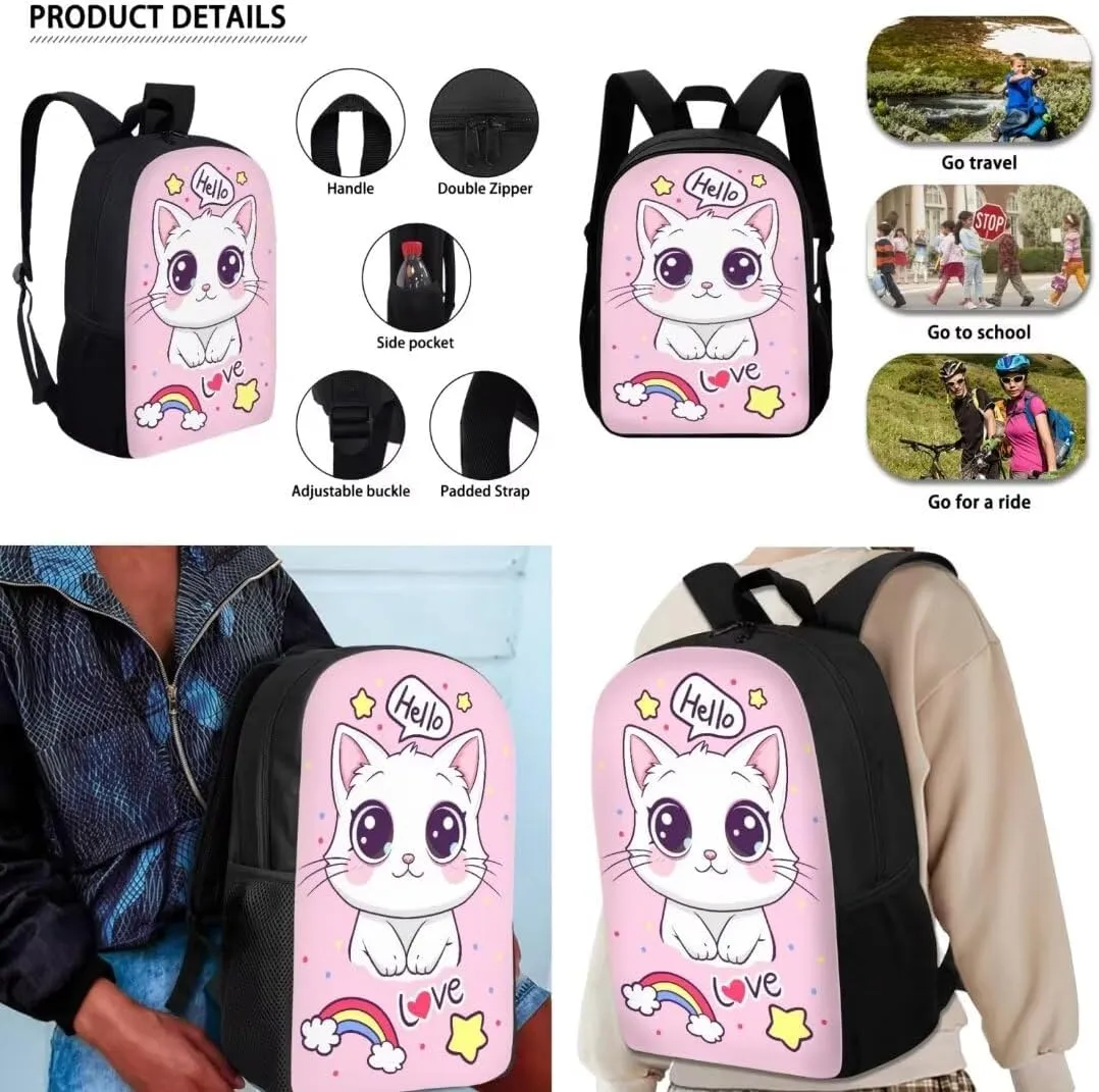 Cartoon Cat Print School Bookbag For Kids Girls Kawaii Cute Children Backpack Pen Bag Lunchbox 3 Piece Sets