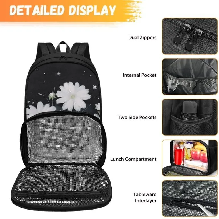 Cartoon Daisy Floral Print 17 Inch Lunch Backpack Cute White Flower Painting Travel Backpacks for Women 2 in 1 Insulated Cooler Lunch Backpack