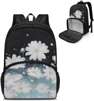 Cartoon Daisy Floral Print 17 Inch Lunch Backpack Cute White Flower Painting Travel Backpacks for Women 2 in 1 Insulated Cooler Lunch Backpack