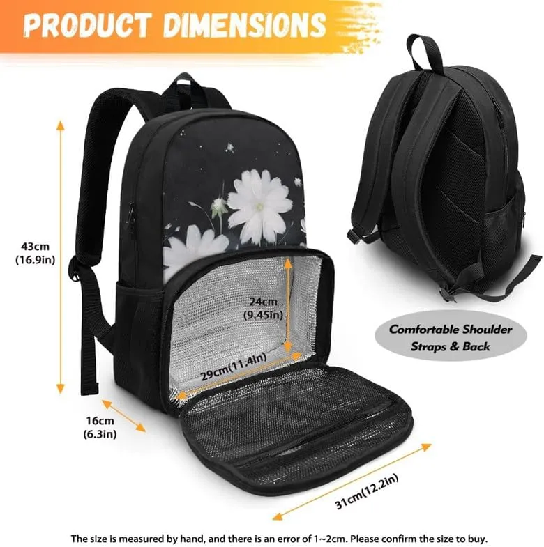 Cartoon Daisy Floral Print 17 Inch Lunch Backpack Cute White Flower Painting Travel Backpacks for Women 2 in 1 Insulated Cooler Lunch Backpack