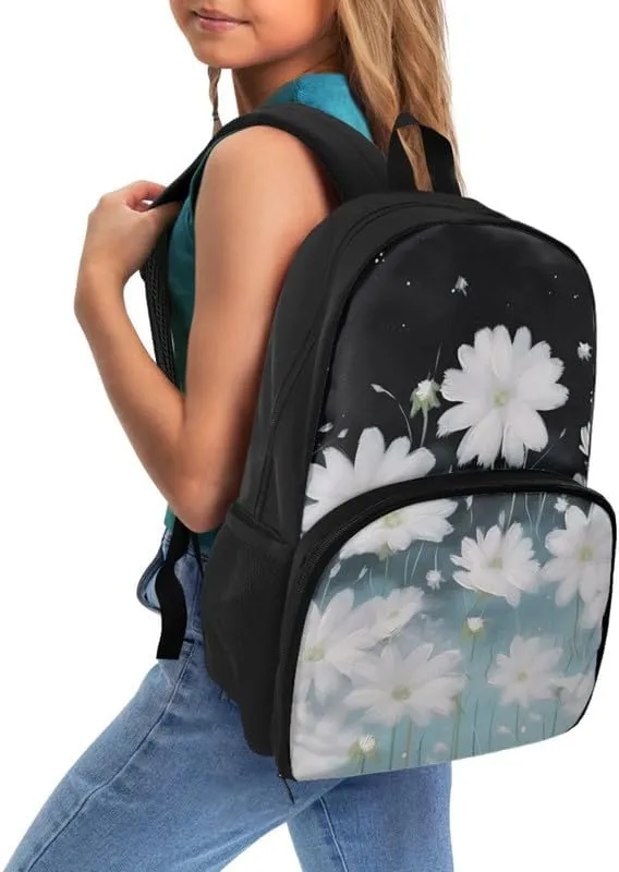 Cartoon Daisy Floral Print 17 Inch Lunch Backpack Cute White Flower Painting Travel Backpacks for Women 2 in 1 Insulated Cooler Lunch Backpack