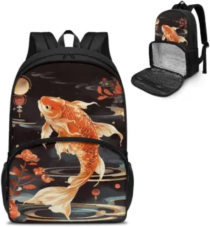 Cartoon Koi Carp Print Large Insulated Cooler Backpack Cute Red Fish Floral Painting Everyday Travel Backpack Business Sports Supplies