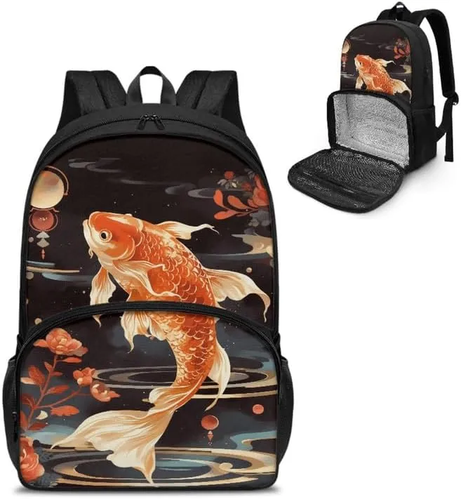 Cartoon Koi Carp Print Large Insulated Cooler Backpack Cute Red Fish Floral Painting Everyday Travel Backpack Business Sports Supplies
