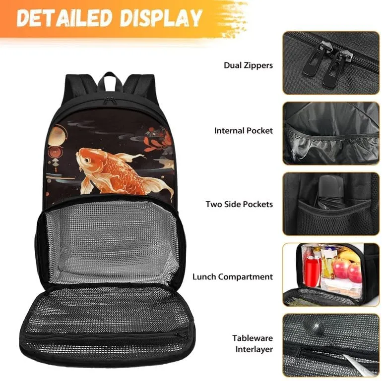 Cartoon Koi Carp Print Large Insulated Cooler Backpack Cute Red Fish Floral Painting Everyday Travel Backpack Business Sports Supplies
