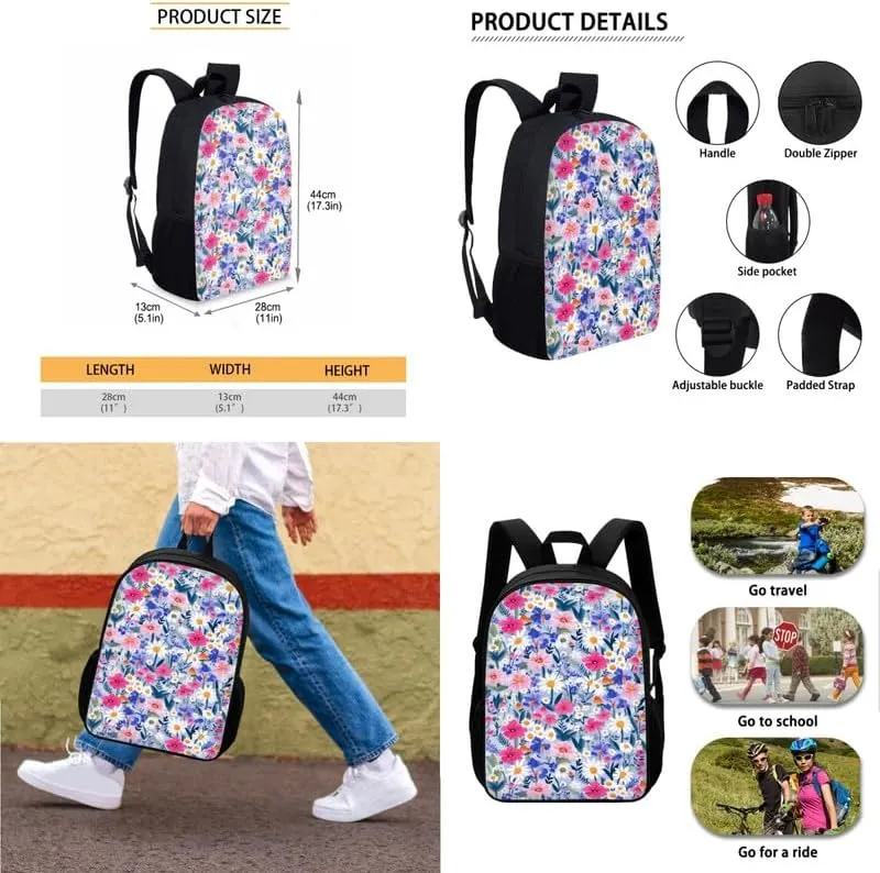 Cartoon Mushroom Floral Print Students School Backpacks with Colorful Daisy Flower Mushrooms Pattern Lunch Box Pencil Case Bags Travel Daypack Bookbag Set for Student