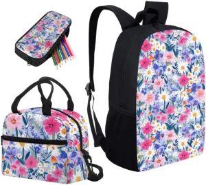 Cartoon Mushroom Floral Print Students School Backpacks with Colorful Daisy Flower Mushrooms Pattern Lunch Box Pencil Case Bags Travel Daypack Bookbag Set for Student