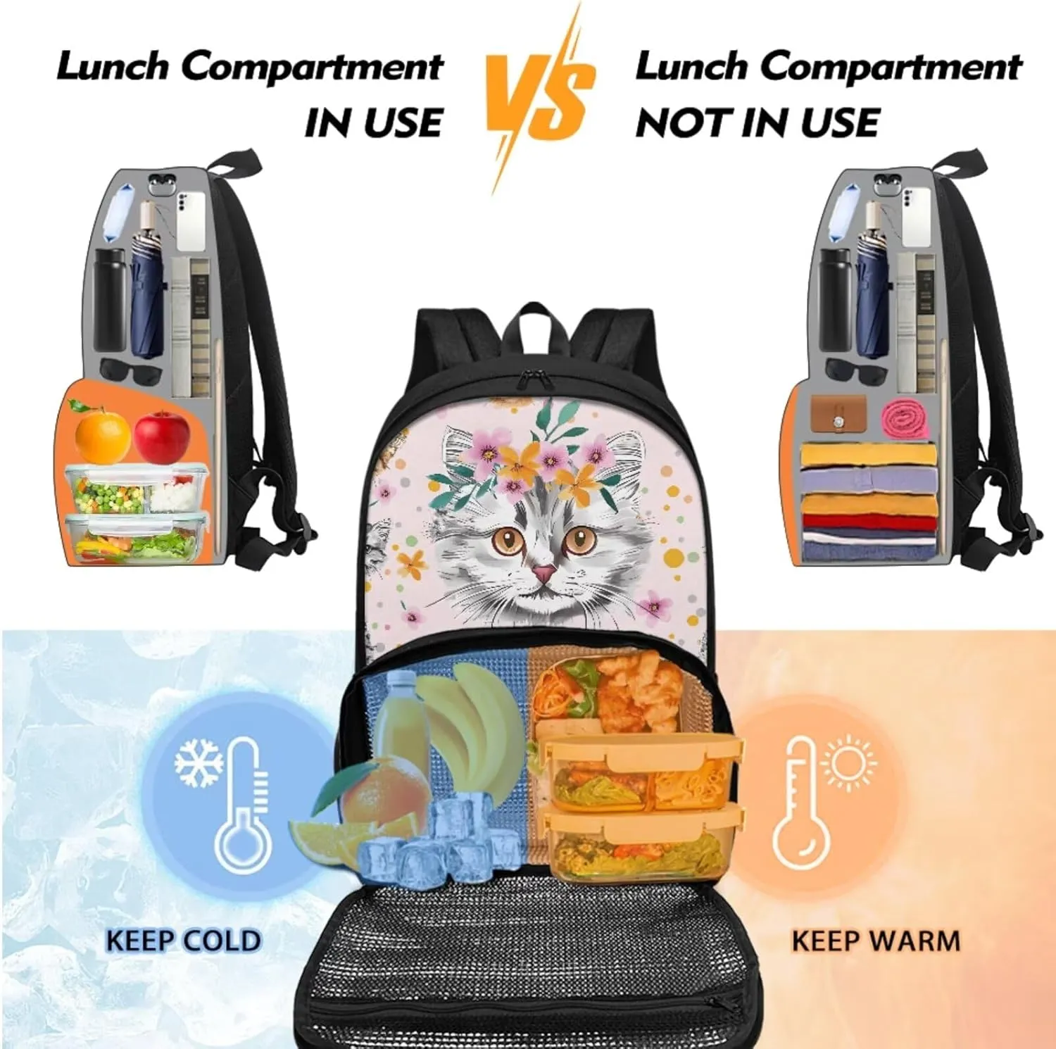 Cat Backpack for School Girls Book Bag School Bags for Kids Bookbag with Lunch Box Compartment and Pencil Case, Preschool Backpack Kindergarten Elementary School Toddler Backpacks