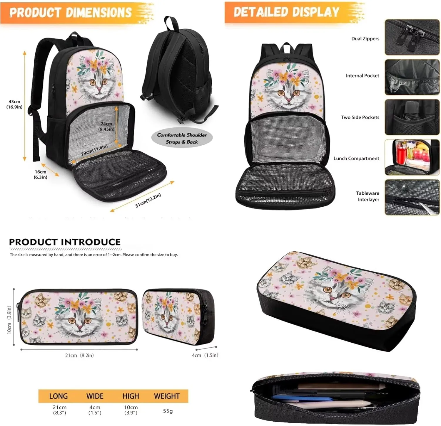Cat Backpack for School Girls Book Bag School Bags for Kids Bookbag with Lunch Box Compartment and Pencil Case, Preschool Backpack Kindergarten Elementary School Toddler Backpacks
