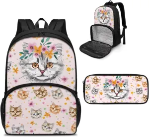 Cat Backpack for School Girls Book Bag School Bags for Kids Bookbag with Lunch Box Compartment and Pencil Case, Preschool Backpack Kindergarten Elementary School Toddler Backpacks