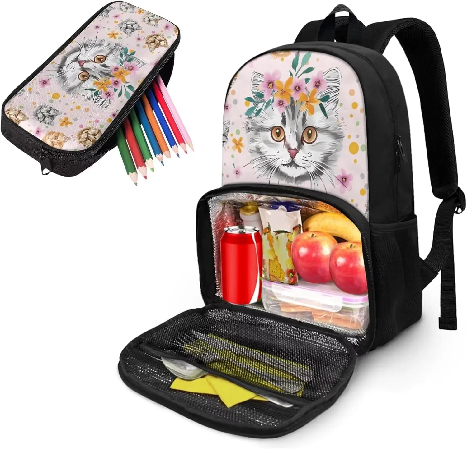 Cat Backpack for School Girls Book Bag School Bags for Kids Bookbag with Lunch Box Compartment and Pencil Case, Preschool Backpack Kindergarten Elementary School Toddler Backpacks